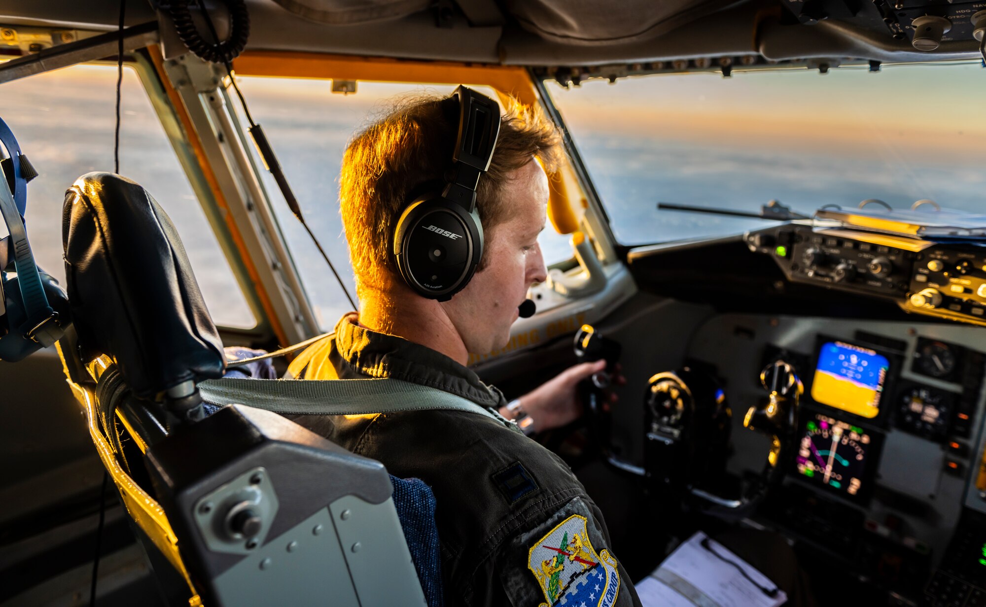 U.S. Air Force Capt. Brian Brookover, an aircraft commander assigned to the 351st Air Refueling Squadron, flies a U.S. Air Force KC-135 Stratotanker aircraft assigned to Royal Air Force Mildenhall, England, during a refueling mission over the North sea, July 21, 2022. The 100th Air Refueling Wing uses the KC-135 to continuously provide the critical air refueling bridge that allows the Expeditionary Air Force to deploy around the globe in a moments notice.