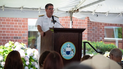 NEWPORT, R.I. (July 22, 2022) Rear Adm. Peter Stamatopoulos, commander, Naval Supply Systems Command, and 49th Chief of Supply Corps, gives remarks during the Navy Supply Corps School (NSCS) change of command ceremony at Naval Station Newport, July 22. NSCS prepares newly commissioned Supply Corps officers from the U.S. Naval Academy, Officer Candidate School and Naval Reserve Officers Training Corps, as well as limited duty officers or officers who have been re-designated into the community, to serve in the fleet in entry-level positions. (U.S. Navy photo by Mass Communication Specialist 2nd Class Derien C. Luce)