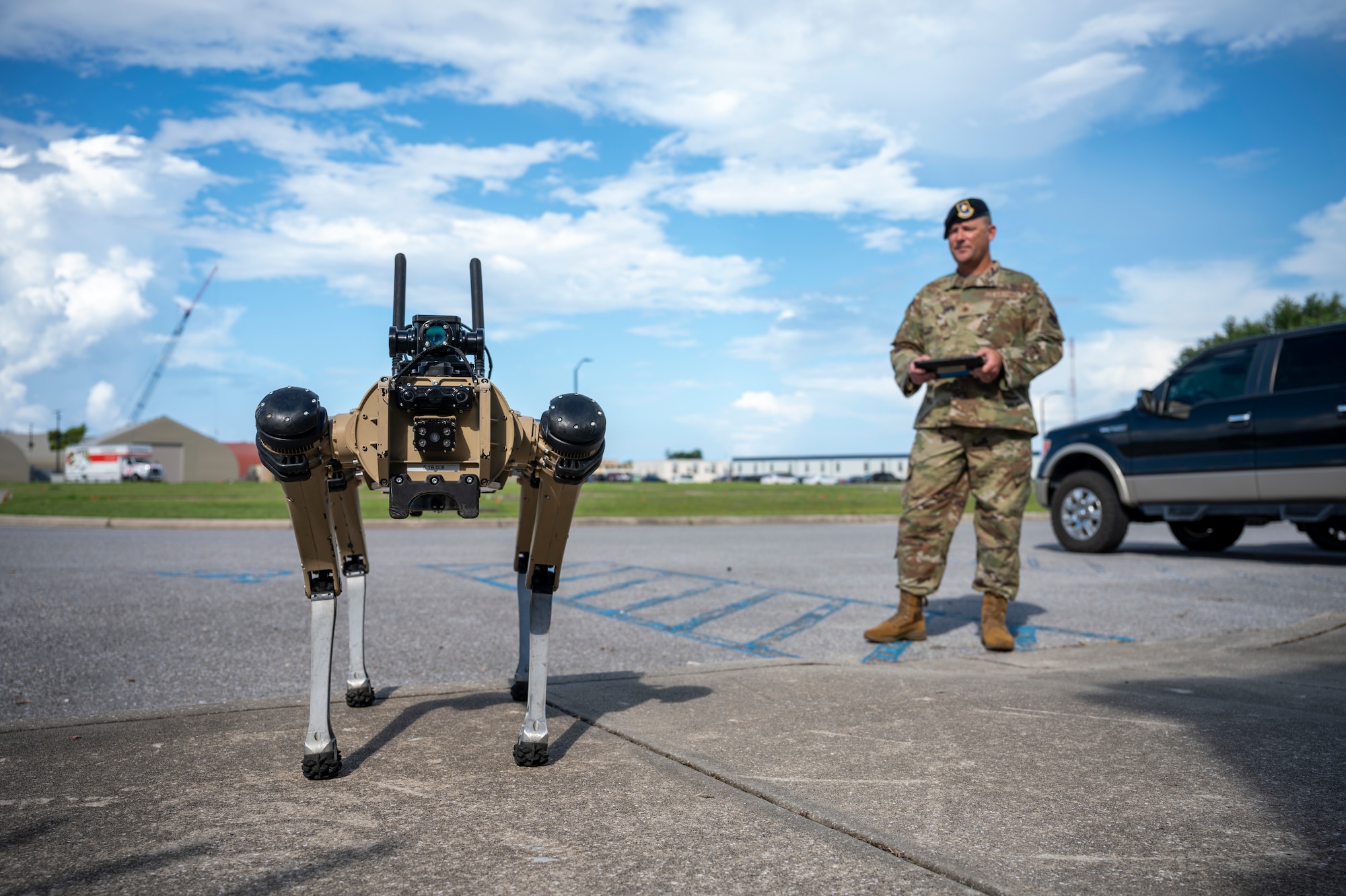 Man operates a robot dog