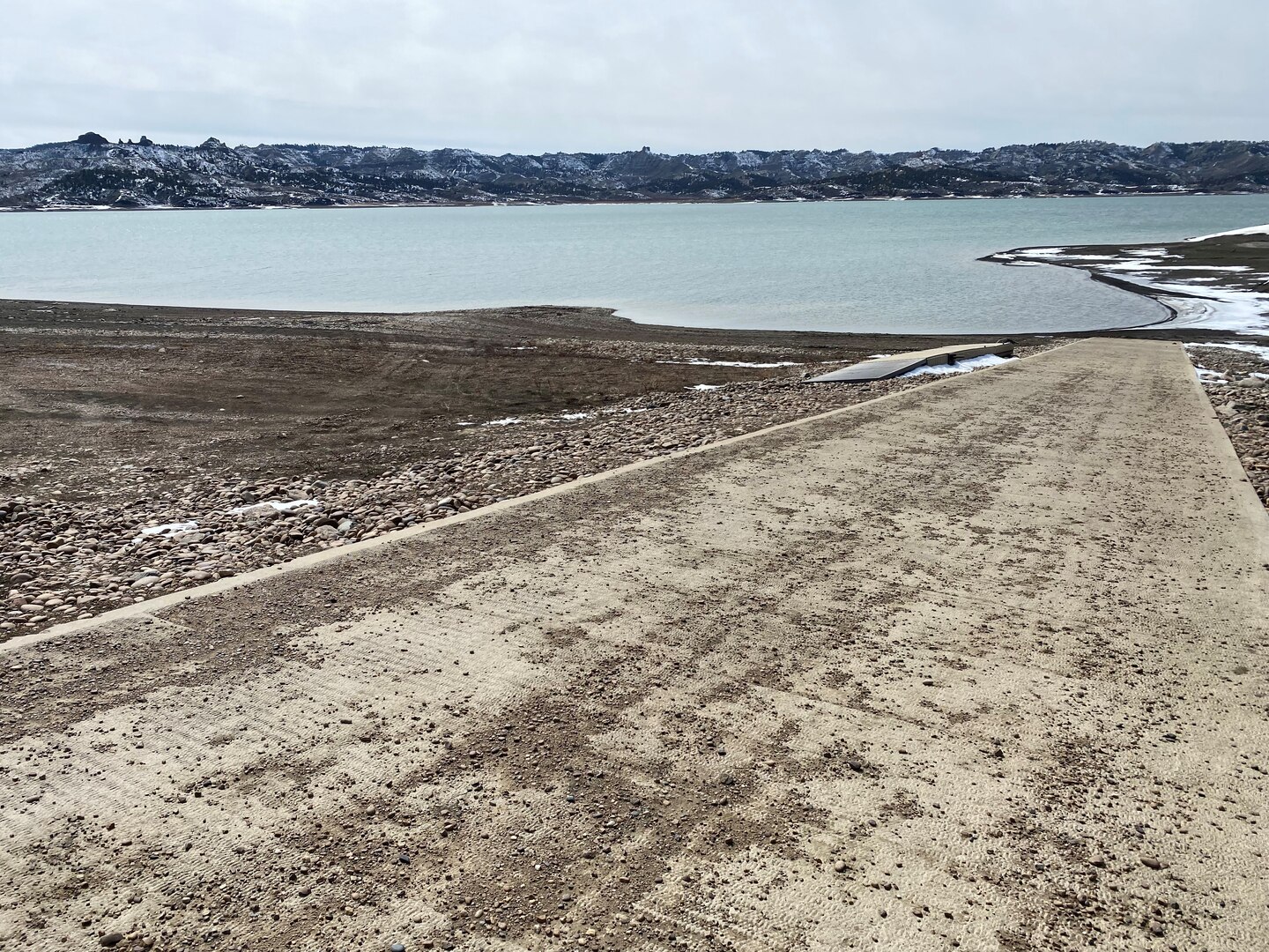 The Fort Peck Bonetrail recreation area low water boat ramp.