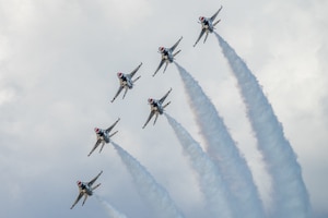 The U.S. Air Force Air Demonstration Squadron "Thunderbirds" pilots perform during Montana's Military Open House "Flight over the Falls" at Montana Air National Guard Base, Great Falls, Montana, July 23, 2022.