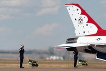 The U. S. Air Force Air Demonstration Squadron, known as the Thunderbirds, prepare for takeoff during Montana's Military Open House "Flight over the Falls" at Montana Air National Guard Base, Great Falls, Montana, July 23, 2022.