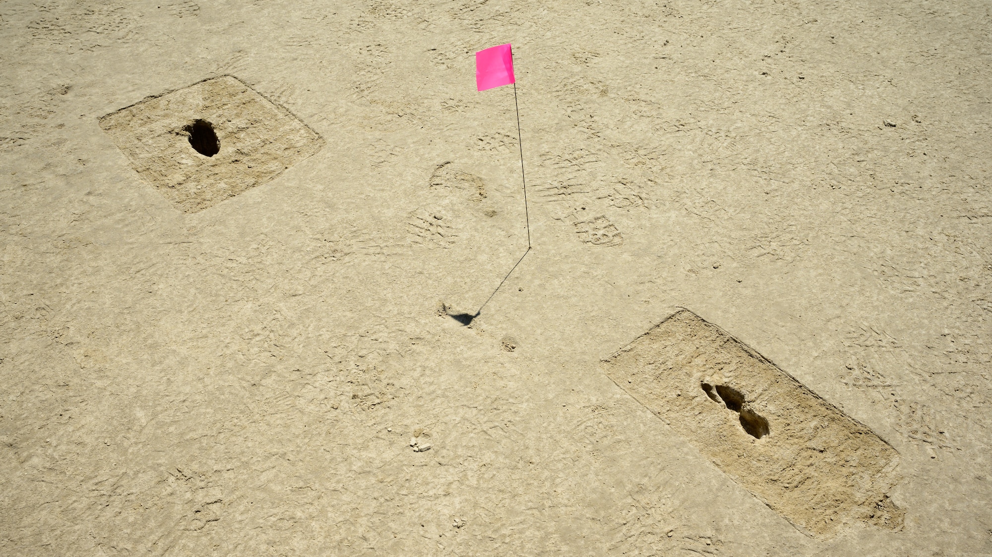 Footprints appear on an archaeological site marked with a pink pin flag.