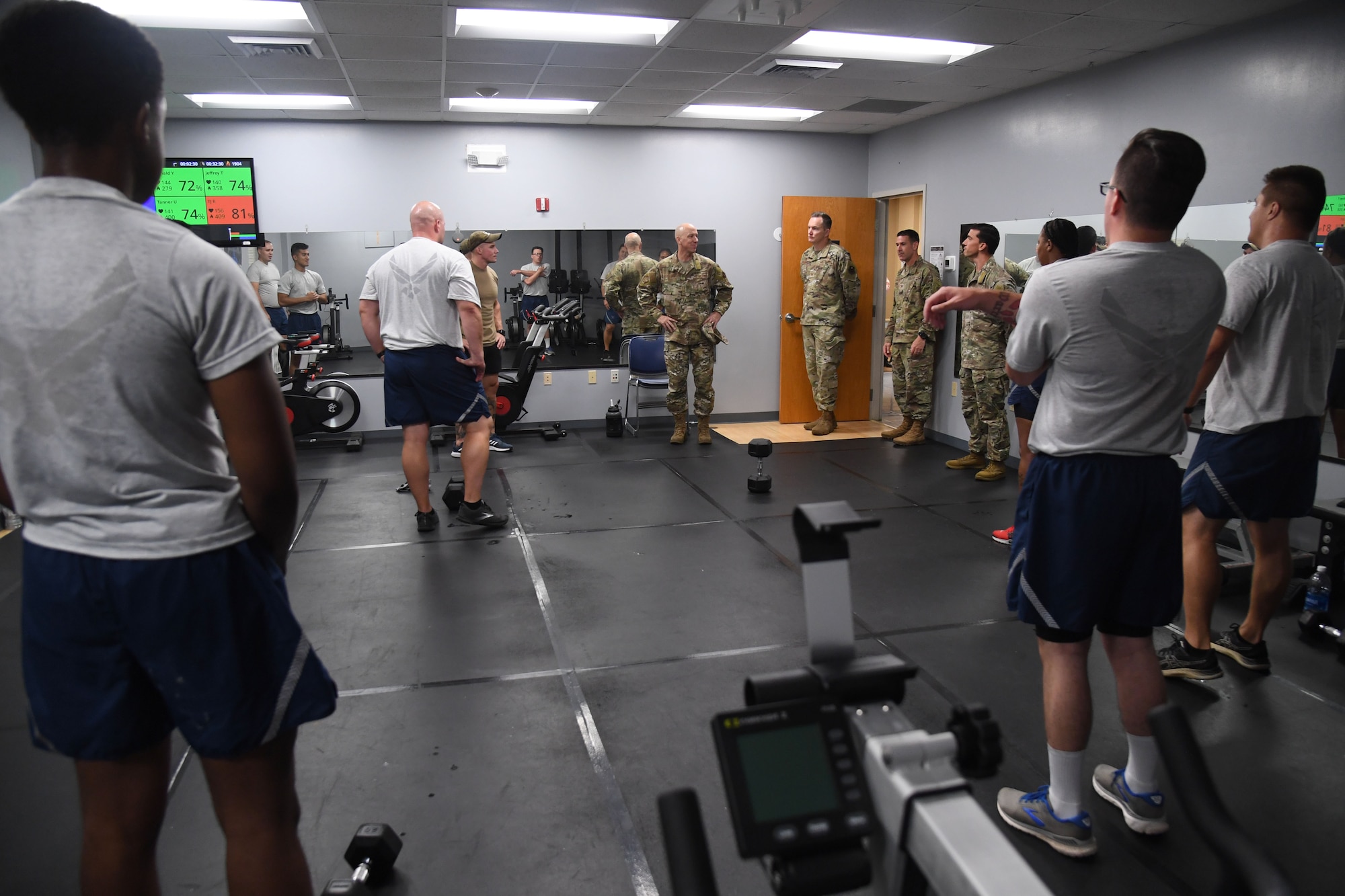 Base leadership participates in an immersion tour inside the Human Performance Training Center at Keesler Air Force Base, Mississippi, July 25, 2022. The purpose of the center is to develop healthy and resilient Airmen that are always operational and maintain a high level of readiness by providing participants with the tools, resources and knowledge needed to create healthy and sustainable habits. (U.S. Air Force photo by Kemberly Groue)