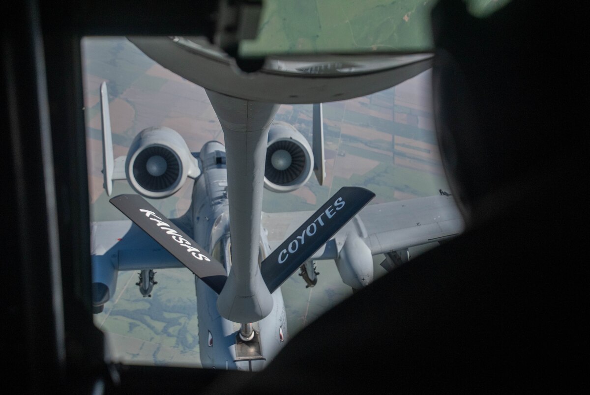 A 190th Air Refueling Wing KC-135 refuels an A-10, June 15, 2022. Guard members supported a joint exercise called Gunslinger. (Air National Guard photo by Staff Sgt Cole Harris)