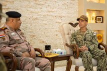 Vice Adm. Brad Cooper, commander of U.S. Naval Forces Central Command, U.S. 5th Fleet and Combined Maritime Forces, meets with Staff Vice Adm. Ahmed Jasim Maarij Al-Zayed, commander of the Iraq Navy, July 25, in Baghdad, Iraq. During the meeting, they discussed future opportunities for maritime security cooperation in the Arabian Gulf. (U.S. Army photo by Sgt. Terry Vongsouthi)
