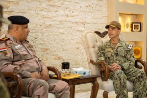 Vice Adm. Brad Cooper, commander of U.S. Naval Forces Central Command, U.S. 5th Fleet and Combined Maritime Forces, meets with Staff Vice Adm. Ahmed Jasim Maarij Al-Zayed, commander of the Iraq Navy, July 25, in Baghdad, Iraq. During the meeting, they discussed future opportunities for maritime security cooperation in the Arabian Gulf. (U.S. Army photo by Sgt. Terry Vongsouthi)