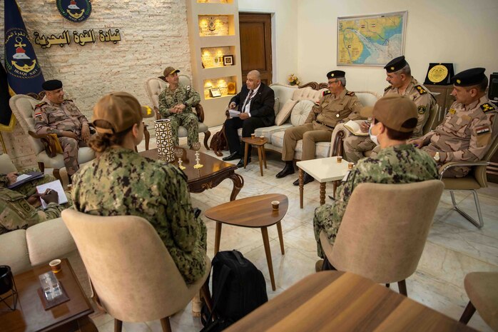 Vice Adm. Brad Cooper, commander of U.S. Naval Forces Central Command, U.S. 5th Fleet and Combined Maritime Forces, meets with Staff Vice Adm. Ahmed Jasim Maarij Al-Zayed, commander of the Iraq Navy, July 25, in Baghdad, Iraq. During the meeting, they discussed future opportunities for maritime security cooperation in the Arabian Gulf. (U.S. Army photo by Sgt. Terry Vongsouthi)