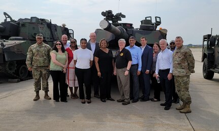 Hong Miller, the director of the Army’s Civilian Human Resources Agency, and Roy Wallace, the Army’s assistant deputy chief of staff for personnel (G-1) at the Pentagon, (center) visited the APS-2 site to gather information and ask questions about personnel requirements at the 405th Army Field Support Brigade’s newest APS-2 site, currently under construction in Powidz, Poland. The 405th AFSB’s AFSBn-Mannheim will re-designate to AFSBn-Poland and assume mission command of the APS-2 site there in the coming months. Miller and Wallace also visited the APS-2 site in Poland following their stop in Mannheim.  (Courtesy photo)