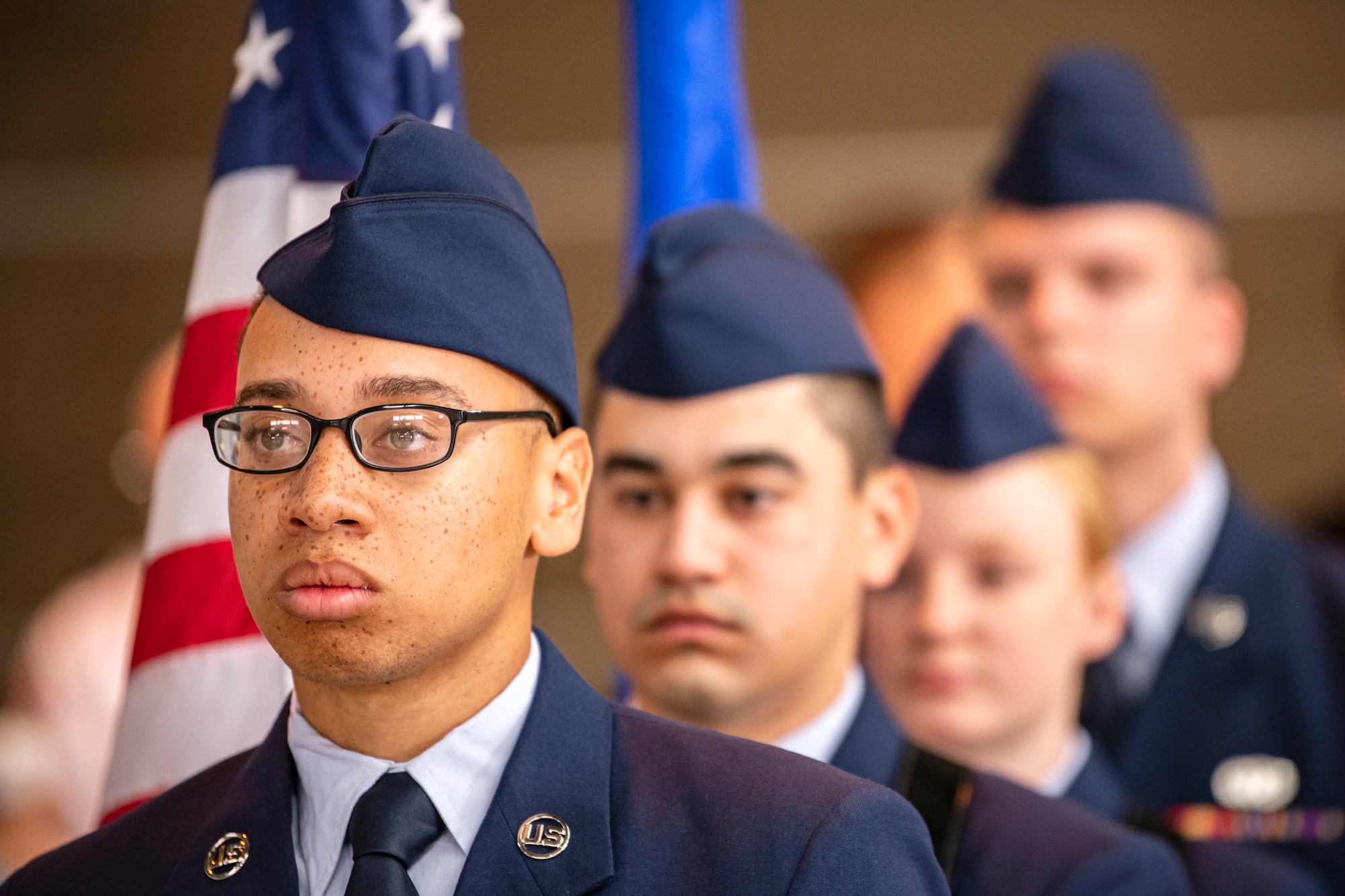 Members of the 423d Air Base Group Honor Guard stand at attention during a change of command ceremony at RAF Alconbury, England, July 25, 2022. The ceremony is a military tradition that represents a formal transfer of a unit’s authority from one commander to another. (U.S. Air Force photo by Staff Sgt. Eugene Oliver)