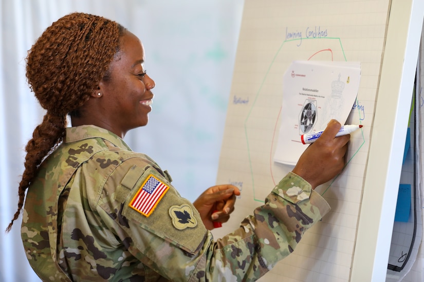 ARNG Captain Shaneka Ashman presents ideas to class during the Advanced Instructors Course at Camp Nymindegab July 2, 2022. MREP is a program that houses almost 130 participants from 6 different nations, to increase interoperability, strengthen partnerships, and to enhance professional development between allies.