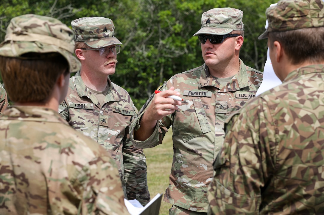 Participants for MREP 2022 work together on team building exercises at Camp Nymindegab July 4, 2022. MREP is a program that houses almost 130 participants from 6 different nations, to increase interoperability, strengthen partnerships, and to enhance professional development between allies.