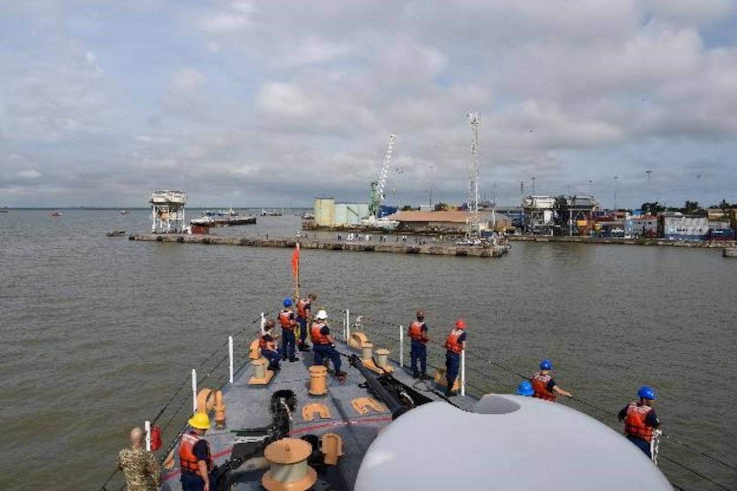 220725-G-XT974-1006
U.S. Coast Guard crew members assigned to the Famous-class medium endurance cutter USCGC Mohawk (WMEC 913) prepare to moor up in Banjul, Gambia, July 25, 2022. USCGC Mohawk is on a scheduled deployment in the U.S. Naval Forces Africa area of operations, employed by U.S. Sixth Fleet to defend U.S., allied, and partner interests. (U.S. Coast Guard photo by Petty Officer 3rd Class Jessica Fontenette)