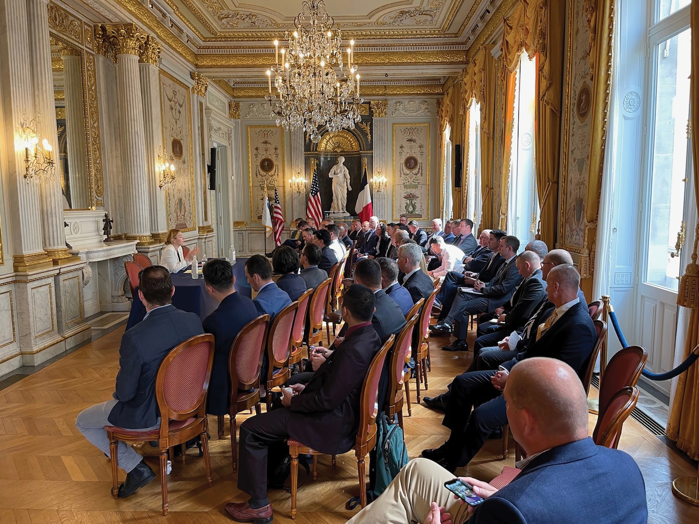Joint Advanced Warfighting School students and faculty listen as Alexandra de Hoop Scheffer, director of Paris office of German Marshall Fund of the United States, presents “The Transatlantic Relationship Following Russia’s Invasion of
Ukraine,” in May 2022, at Hôtel de Talleyrand, George C. Marshall Center, Paris, France