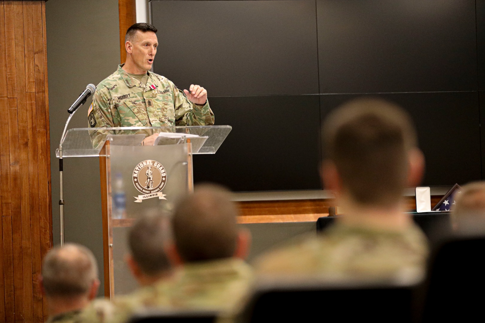 Sgt. Maj. David Merritt, the Operations and Planning Sergeant Major for the Illinois Army National Guard, gives remarks during his retirement ceremony at the Illinois Military Academy on Camp Lincoln in Springfield, Illinois July 22.