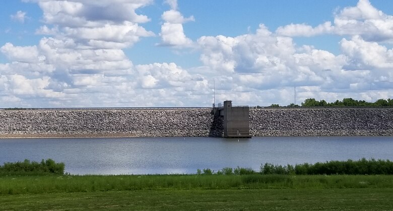 A section of the dam for Rathbun Lake, near Centerville, Iowa, showing the inlet works for water to be drawn through the dam June 24, 2020.