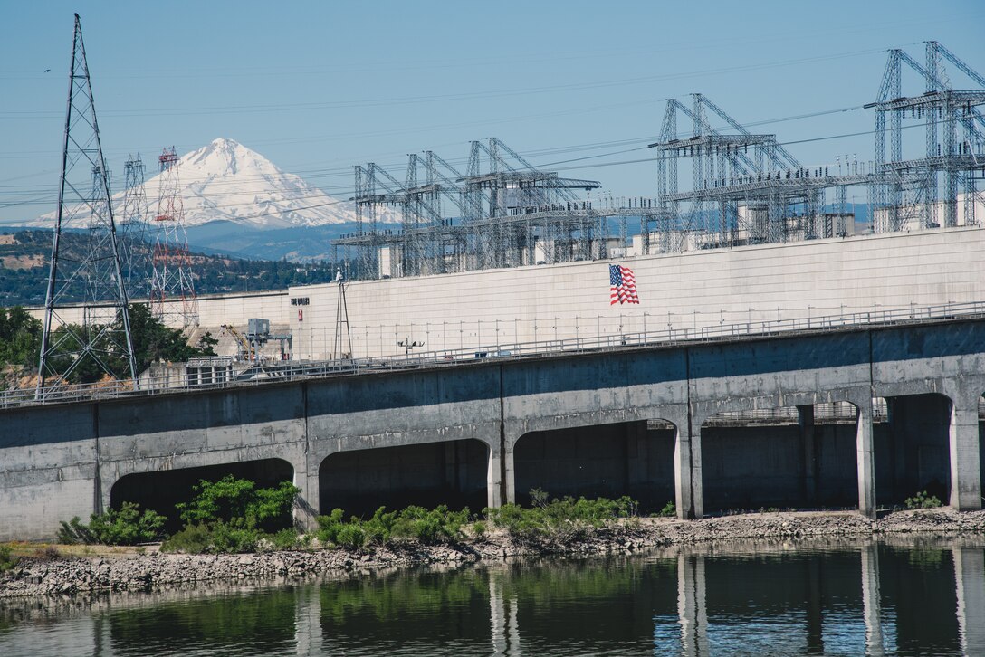 The Dalles Dam generates power with its 22 hydropower generators, using the Columbia River.