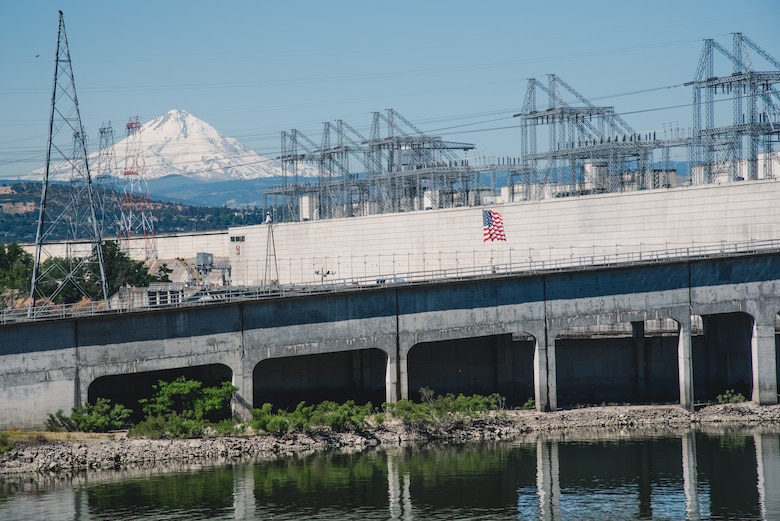 The Dalles Dam generates power with its 22 hydropower generators, using the Columbia River.