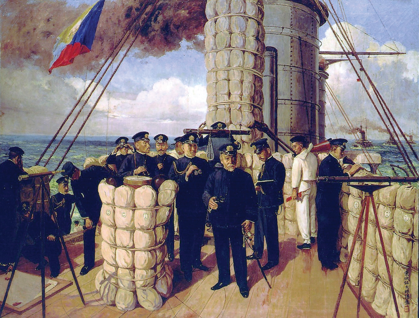 Admiral Togo Heihachiro of the Imperial Japanese Navy on Compass Deck above bridge of IJN Mikasa at beginning of Battle of Tsushima, in 1905; oil painting, February 1906, Tojo Shotaro