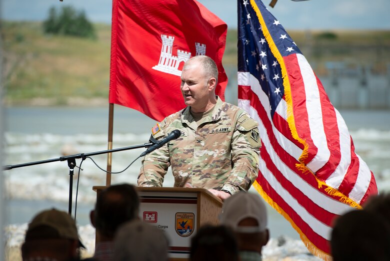 Col. Geoff Van Epps, Commander, U.S. Army Corps of Engineers Northwestern Division, speaks to the attendees during the ribbon cutting ceremony for the Lower Yellowstone Bypass Channel  in Glendive, Mont., July 26, 2022. (U.S. Army Corps of Engineers Photo by Jason Colbert)