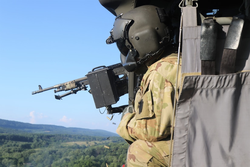 Pennsylvania Army National Guard Soldiers with Alpha Company, 2-104th General Support Aviation Battalion perform training to pass air gunnery qualification at Fort Indiantown Gap July 21, 2022. To be fully qualified, soldiers must pass the aircrew qualification tables four, five, and six.