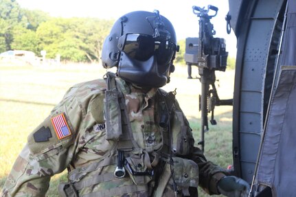Pennsylvania Army National Guard Soldiers with Alpha Company, 2-104th General Support Aviation Battalion perform training to pass the air gunnery qualification at Fort Indiantown Gap July 21, 2022. To be fully qualified, soldiers must pass the aircrew qualification tables four, five, and six.