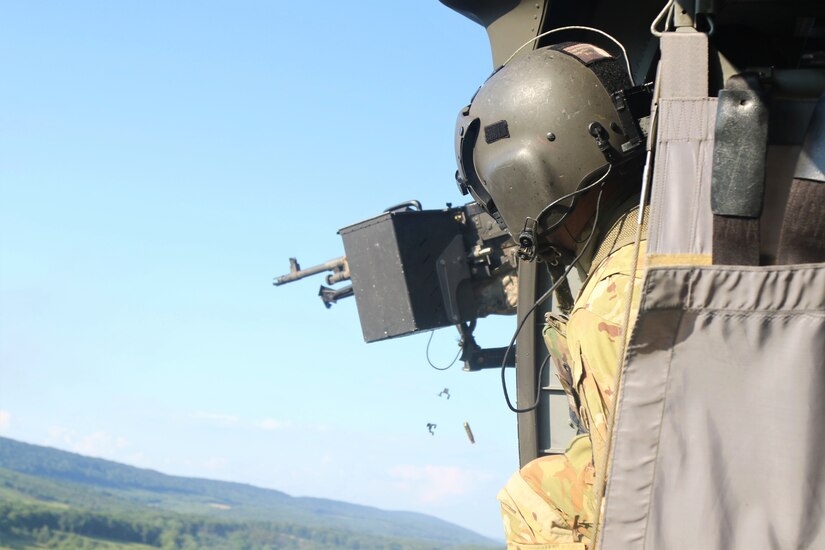 Pennsylvania Army Soldiers with Alpha Company, 2-104th General Support Aviation Battalion perform training to pass the air gunnery qualification at Fort Indiantown Gap July 21, 2022. To be fully qualified, soldiers must pass the aircrew qualification tables four, five, and six.