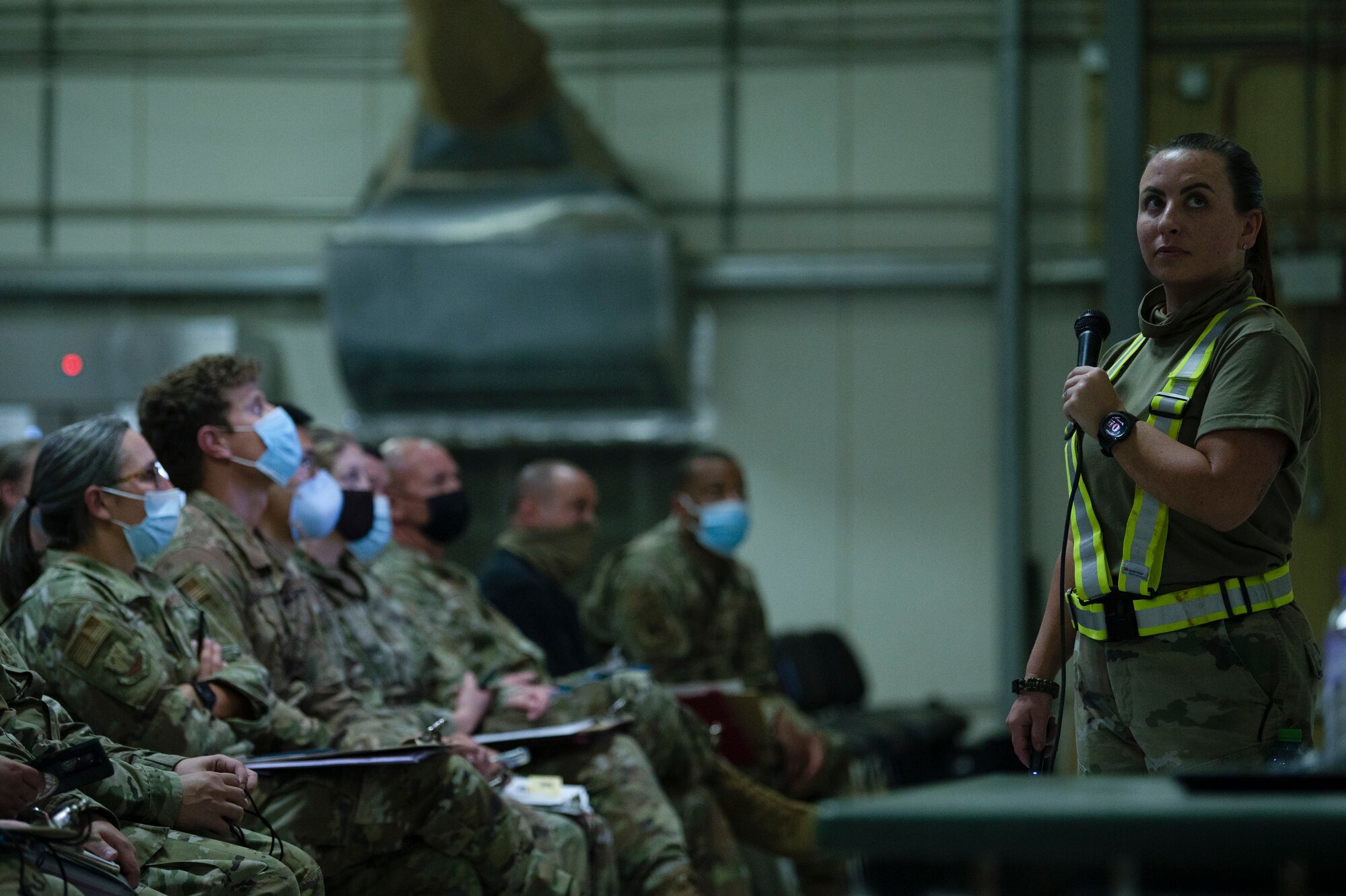 U.S. Air Force Tech. Sgt. Samantha Blaquiere, 386th Expeditionary Force Support Squadron Personnel Support for Contingency Operations sustainments NCOIC, briefs inprocessing military personnel at Ali Al Salem Air Base, Kuwait, July 16, 2022. The 386th EFSS PERSCO team lay the foundation for mission success by briefing every military member on what they need to know when they first arrive to the installation. (U.S. Air Force photo by Staff Sgt. Dalton Williams)