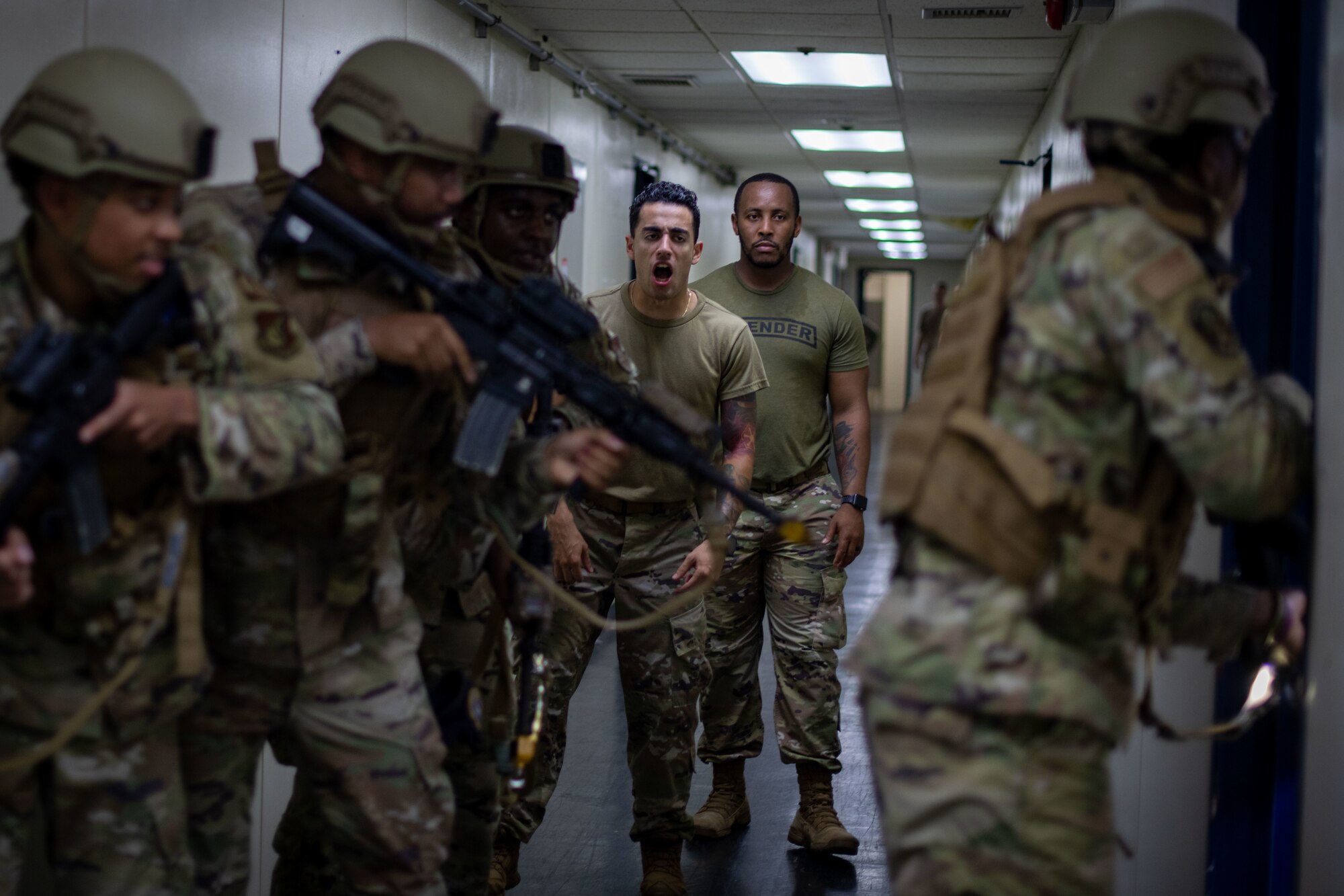 Airmen practice clearing a room.