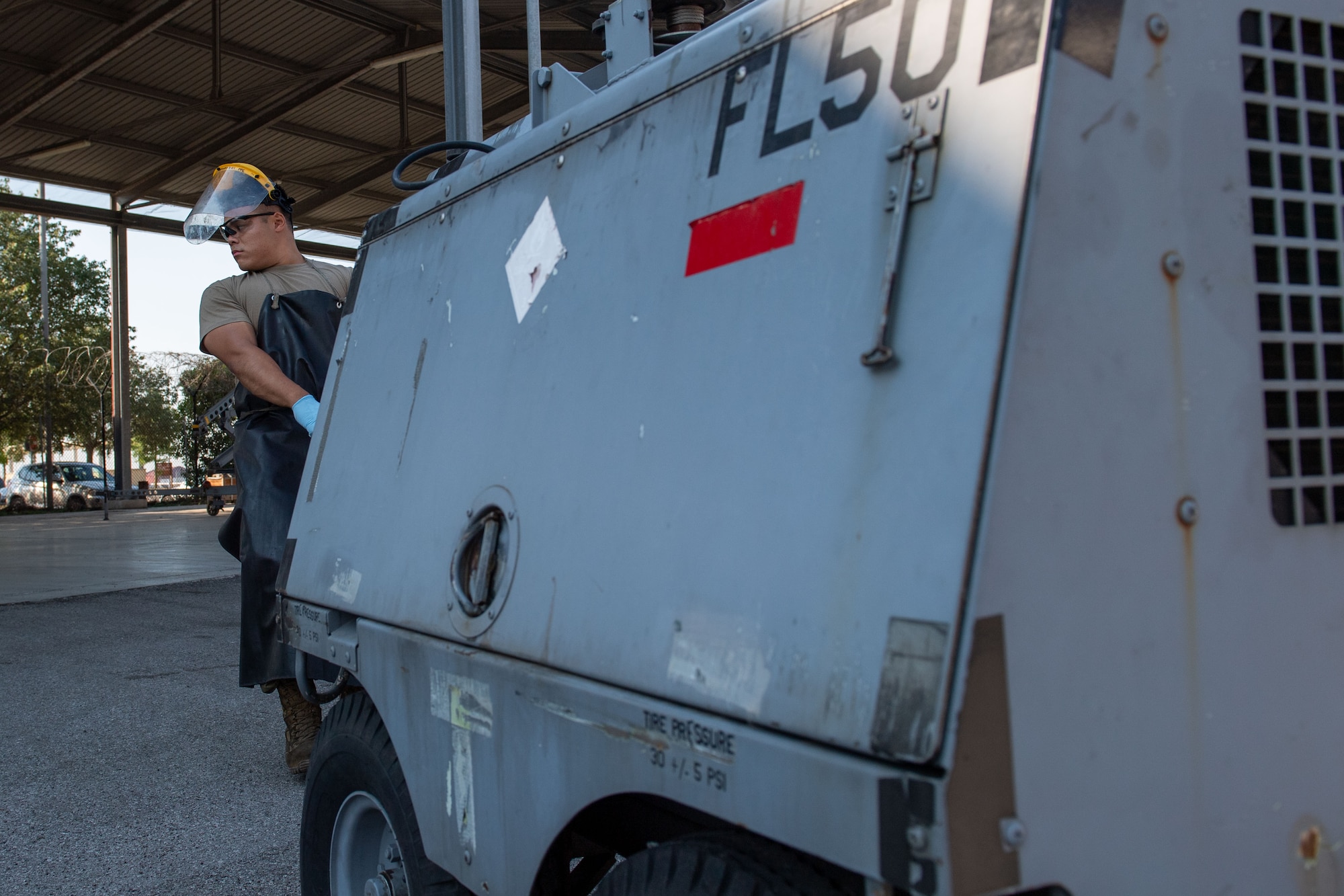U.S. Air Force Senior Airman Shane Villegas, 31st Maintenance Squadron aerospace ground equipment (AGE) journeyman, pulls a fuel bowser into position for pumping