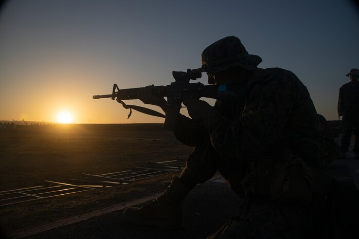 A U.S. Marine Corps recruit with Mike Company, 3rd Recruit Training Battalion fires at his target during a table one live fire exercise at Marine Corps Base Camp Pendleton, California, July 19, 2022