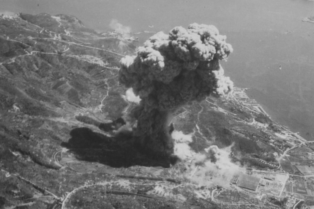 A massive plume of smoke rises from land.