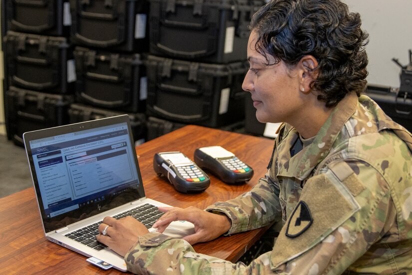 Master Sgt. Eva Miranda Bernard, U.S. Army Financial Management Command senior financial management systems instructor, checks her leave and earnings statement on myPay at the Maj. Gen. Emmett J. Bean Federal Center in Indianapolis July 21, 2022. In an effort to prepare Soldiers to move to its new Integrated Pay and Personnel System – Army, the U.S. Army is mandating all Soldiers on long-term active duty orders be paid on a semimonthly schedule, starting Oct 1, 2022. (U.S. Army photo by Mark R. W. Orders-Woempner)