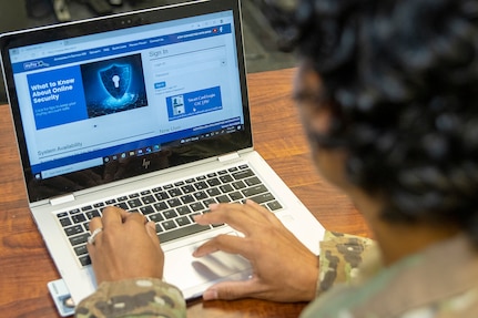 Master Sgt. Eva Miranda Bernard, U.S. Army Financial Management Command senior financial management systems instructor, checks her leave and earnings statement on myPay at the Maj. Gen. Emmett J. Bean Federal Center in Indianapolis July 21, 2022. In an effort to prepare Soldiers to move to its new Integrated Pay and Personnel System – Army, the U.S. Army is mandating all Soldiers on long-term active duty orders be paid on a semimonthly schedule, starting Oct 1, 2022. (U.S. Army photo by Mark R. W. Orders-Woempner)