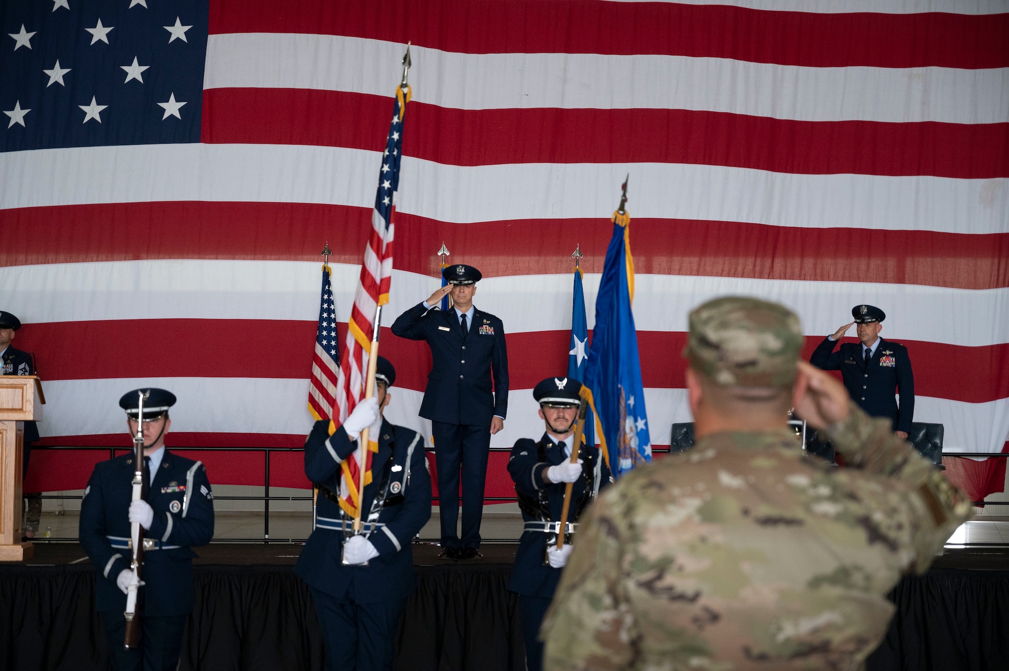 U.S. Air Force Maj. Gen. Craig Wills, 19th Air Force commander, returns a salute to Col. Andrew Katz, 47th Flying Training Wing vice commander, during the 47th Flying Training Wing change of command at Laughlin Air Force Base, Texas, July 22, 2022. Katz led a formation comprised of members from each group within the 47th Flying Training Wing. (U.S. Air Force photo by Airman 1st Class Kailee Reynolds)