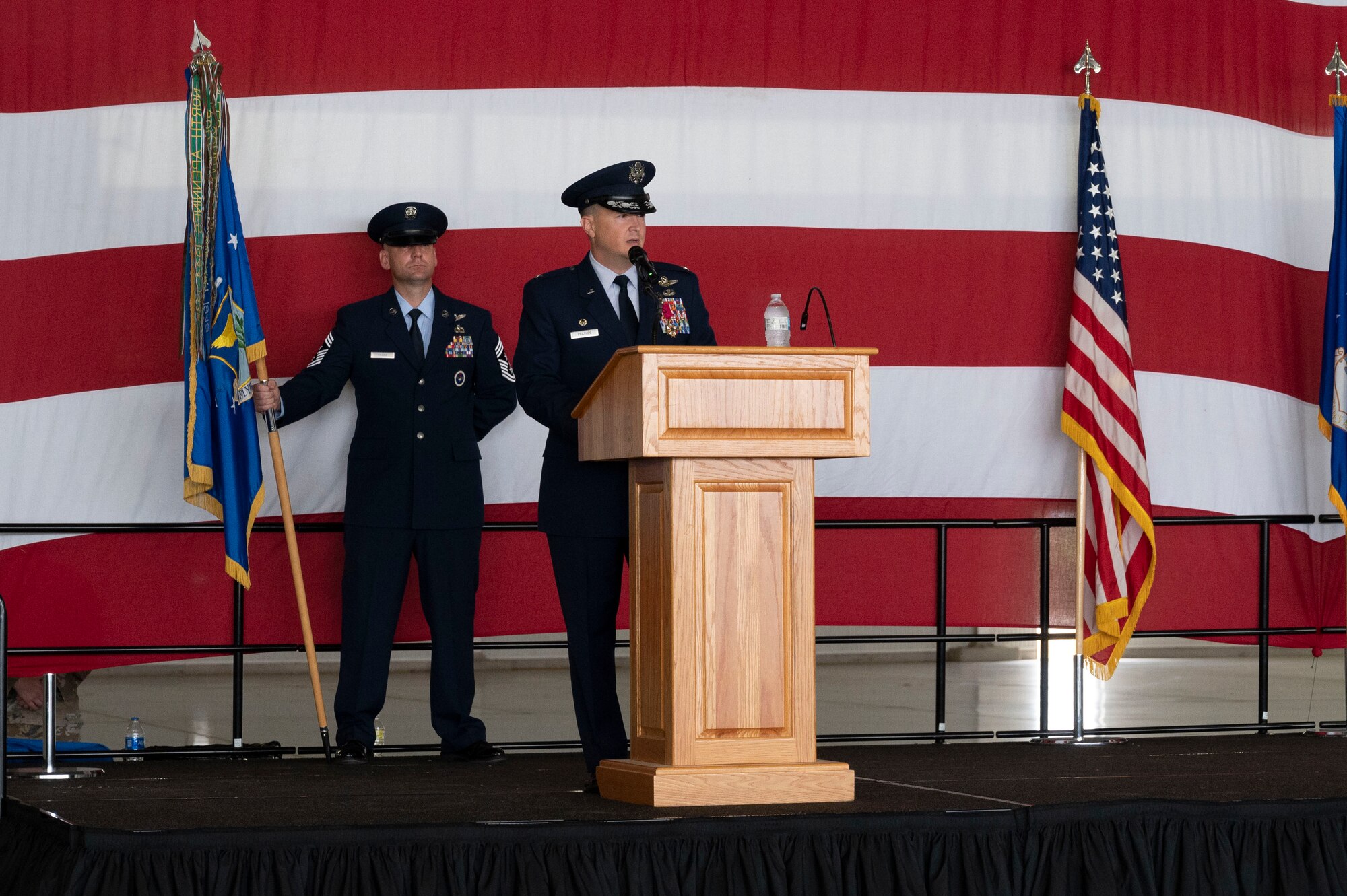 U.S. Air Force Col. Craig Prather, former 47th Flying Training Wing commander, gives a speech during the 47th Flying Training Wing change of command ceremony at Laughlin Air Force Base, Texas, July 22, 2022. As commander, Davidson will oversee nearly 2,800 military and civilian personnel engaged in executing more than 61,000 aircraft sorties yearly in support of Laughlin's Specialized Undergraduate Pilot Training mission. (U.S. Air Force photo by Airman 1st Class Kailee Reynolds)