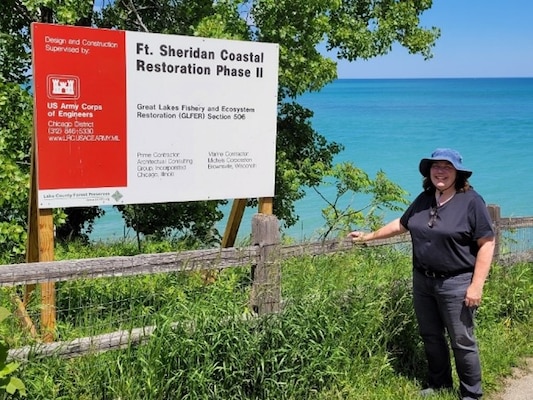 Dr. Jennifer Miller, U.S. Army Corps of Engineers Chicago District supervisory environmental engineer, visited a sediment placement site used by the district for placing navigational dredging material for shoreline stabilization and other eco-restoration sites nearby.