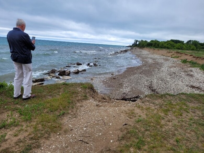 Dr. Burton Suedel, a research biologist at the U.S. Army Engineer Research and Development Center (ERDC) and ERDC University (ERDC-U) mentor, visits a sediment placement site previously used by the U.S. Army Corps of Engineers Chicago District for placing navigational dredging material for shoreline stabilization and other eco-restoration sites nearby. Suedel is mentoring Dr. Jennifer Miller, a Chicago District supervisory environmental engineer, during her six-month detail with ERDC-U.