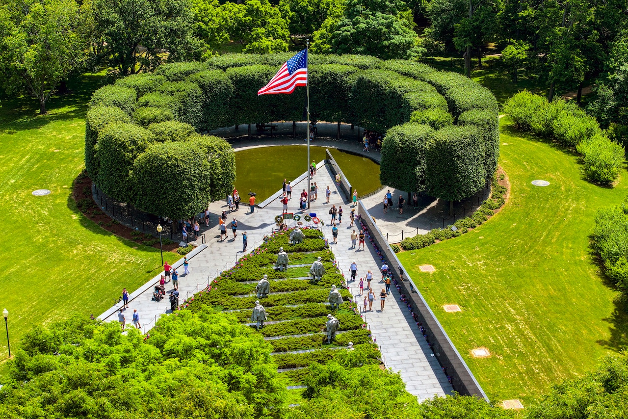 An overhead video of the Korean War Veterans Memorial.