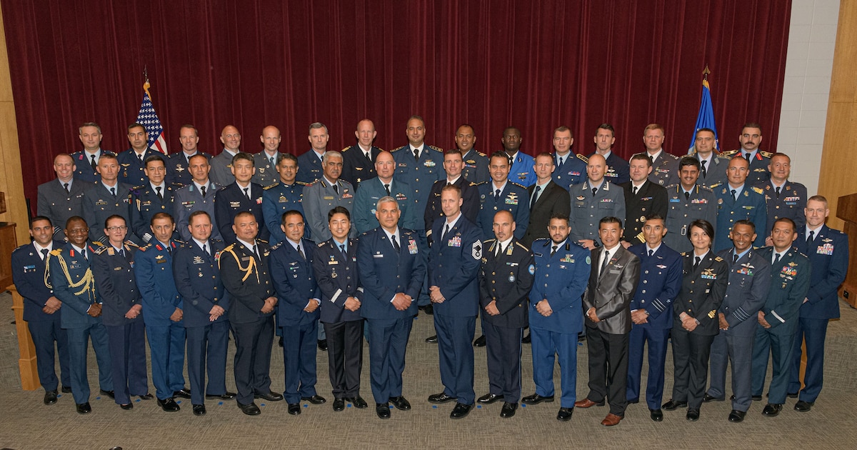 Group photo taken July 7, 2022 of Air University’s International Officer School graduates consisting of 46 international military students.