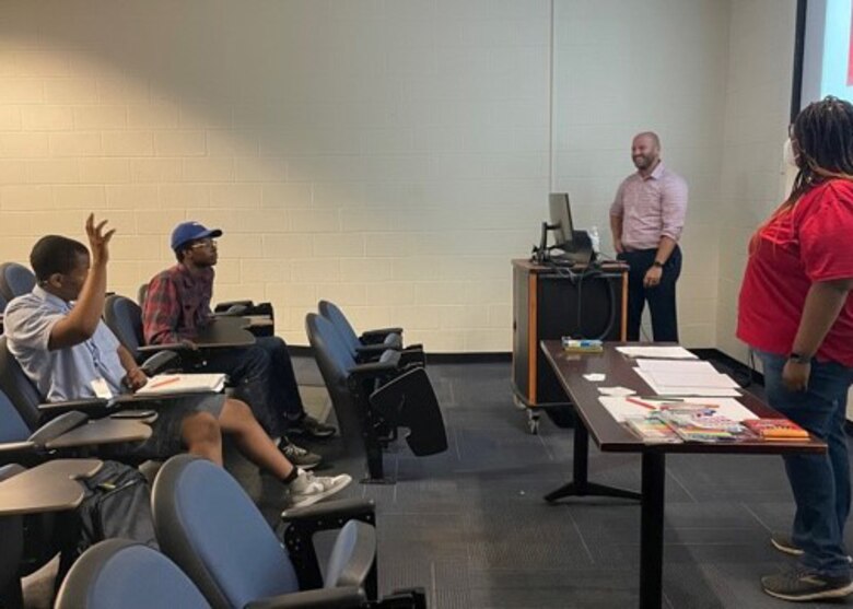 Students participating in the 2022 National Summer Transportation Institute program ask Nashville District Project Manager Zachary Langel questions about hydropower plants located along the Cumberland River, on July 20, 2022, at Tennessee State University in Nashville, Tennessee.