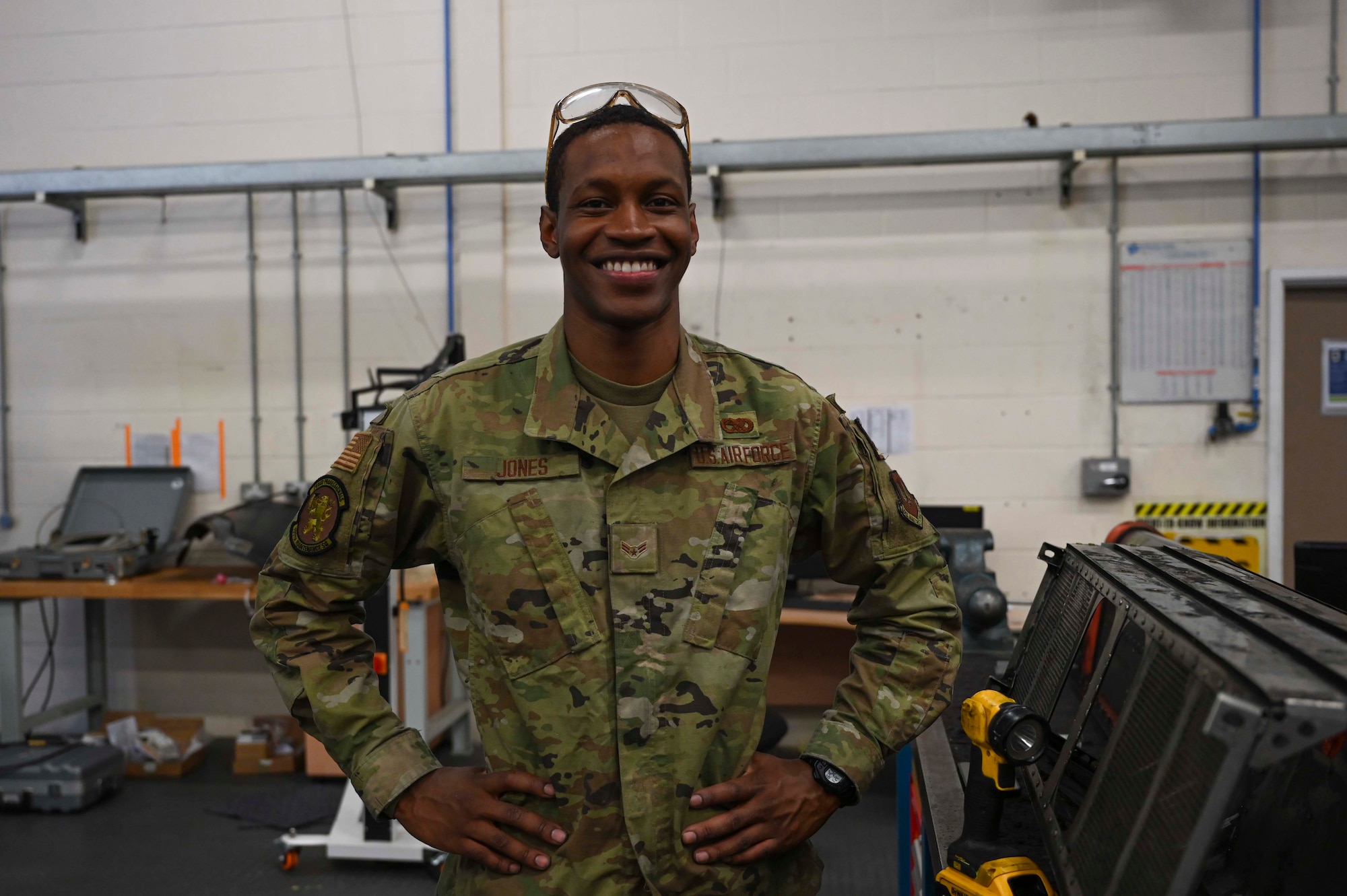 U.S. Air Force Airman 1st Class Carl Jones, 100th Maintenance Squadron sheet metal journeyman, is one of the many airmen responsible for repairing wear and damage on aircraft parts, including CV-22 Osprey and KC-135 Stratotanker aircraft at Royal Air Force Mildenhall, England, July 19, 2022. Sheet metal airmen bolster the structural integrity of aircrat by repairing and protecting parts against damage caused by the environment. (U.S. Air Force photo by Airman 1st Class Viviam Chiu).