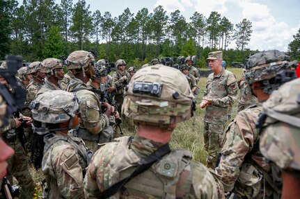 Army Gen. Daniel Hokanson, chief, National Guard Bureau, and his senior enlisted advisor, SEA Tony Whitehead, visit Soldiers led by the California National Guard's 79th Infantry Brigade Combat Team on rotation at the Joint Readiness Training Center, Fort Polk, Louisiana, July 26, 2022. Fort Polk is a premier training center that provides rigorous and realistic pre-deployment training for thousands of Army, Army National Guard and Army Reserve Soldiers every year.