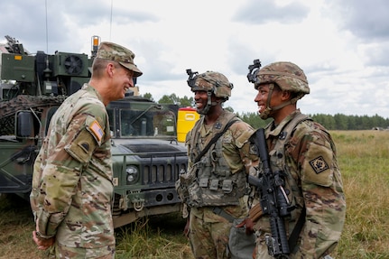 Army Gen. Daniel Hokanson, chief, National Guard Bureau, and his senior enlisted advisor, SEA Tony Whitehead, visit Soldiers led by the California National Guard's 79th Infantry Brigade Combat Team on rotation at the Joint Readiness Training Center, Fort Polk, Louisiana, July 26, 2022. Fort Polk is a premier training center that provides rigorous and realistic pre-deployment training for thousands of Army, Army National Guard and Army Reserve Soldiers every year.