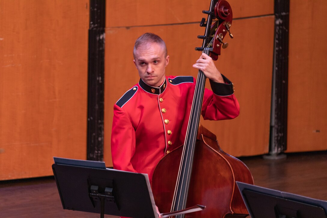 Double Bassist Staff Sgt. Kevin Thompson performs in the Marine Chamber Orchestra during a concert on July 23, 2022. (U.S. Marine Corps photo by Staff Sgt. Chase Baran/released)