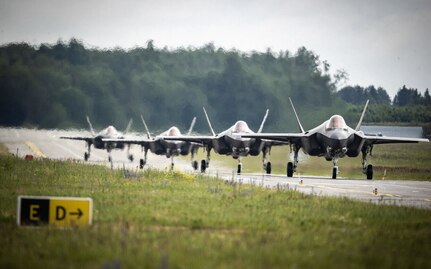 Four U.S. Air Force F-35A Lightning II aircraft assigned to the Vermont Air National Guard’s 158th Fighter Wing depart Spangdahlem Air Base, Germany, to support the NATO air shielding mission alongside French, British, Estonian and Belgium allies at Amari Air Base, Estonia, July 6, 2022. Exercises and deployments that utilize ACE concepts ensure U.S. air forces in Europe are ready to protect and defend partners, allies and U.S. interests at a moment’s notice and generate lethal combat power should deterrence fail.