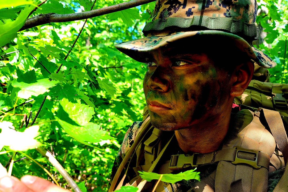 A sailor looks left through trees.