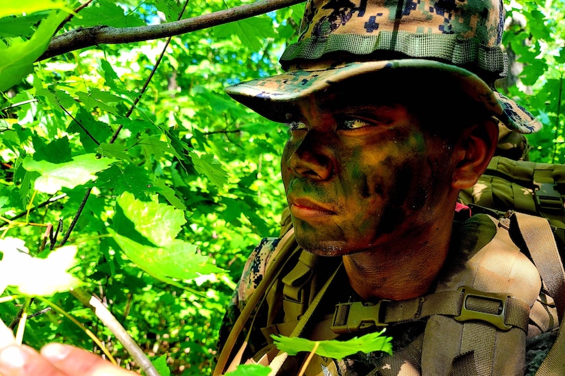 A corpsman looks left through trees.