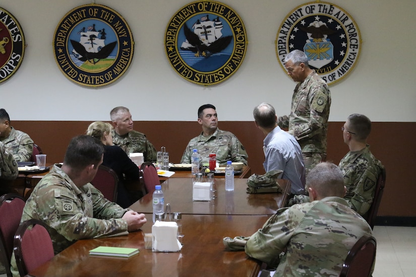 Lt. Gen. Patrick D. Frank, who assumed command of U.S. Army Central July 7, 2022, and Command Sgt. Maj. Jacinto Garza, met with the Soldiers of Task Force Liberty at Camp As Sayliyah, Qatar.