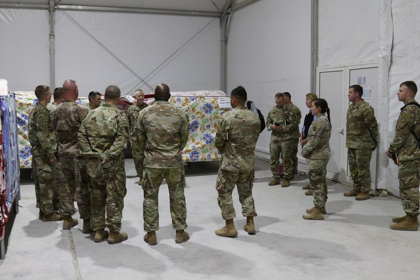 Lt. Gen. Patrick D. Frank, who assumed command of U.S. Army Central July 7, 2022, and Command Sgt. Maj. Jacinto Garza, met with the Soldiers of Task Force Liberty at Camp As Sayliyah, Qatar.